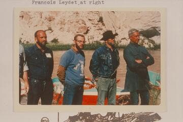 The Powell crew after arrival at foot of Split Mountain. Francois Leydet at right