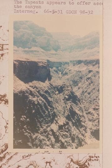Up Slate Creek from Tonto Platform above mouth of Crystal Creek. The Tapeats appears to offer access at the upper end of the canyon
