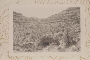 Ra-Osiris Saddle from edge of Redwall cliff on the east side of Ra. Opening in foreground is shelter cave a few yards long; no artifacts were found there