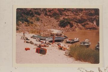 The two Disney prop boats on the beach at Bright Angel Creek for repairs to the glass. The camera boat is beyond. The freight boat is at the stern of the prop boats and two of the Smith-Craft are at right