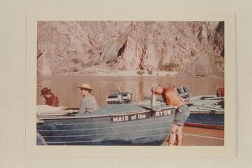 Preparing the "Maid of the Canyon" for picturing; Bright Angel Creek. Ballard Atherton as Frank Goodman, Buzz Belknap as Senaca Howland and Roy Bolton at right