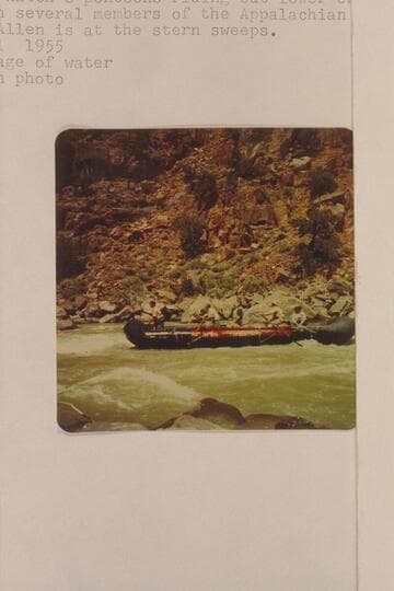 One of the Hatch's pontoons riding out lower end of Disaster Rapid with several members of the Appalachian Club as passengers.  Smuss Allen is at  the stern sweeps.  Low stage of water