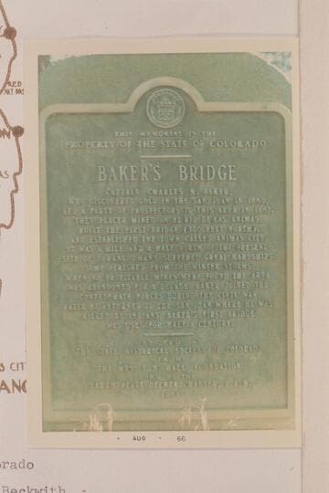 Plaque placed by the State Historical Society of Colorado at Baker's Bridge. Note the name Charles H. Baker on this plaque while the sign erected by the D.A.R. carries the name Chas. F. Baker