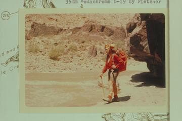Colin Fletcher riding shanks-mare down the Grand Canyon from the mouth of Supai to Diamond Creek in 1966, May-June. Near Mile 216