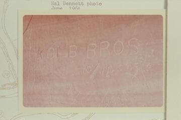 Kolb brothers inscription on the saddle of The Bowknot. The Kolb brothers climbed the sadle of The Bowknot 1911, Oct. 22, and were in the same area with the Geological Survey 1921, Sep. 11 or 12