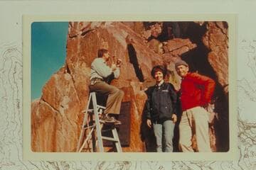 Jim Bailey with hammer and drill; Frankie Strathairn; Harvey Butchart; at placing of the 1934 plaque at Separation Canyon
