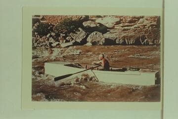 Jack Frost.  Government Rapid.  First Frost San Juan trip.  Running the rapid for pix.  The same rocks and brush appear in the Brandenburg photo of 1945, June 15