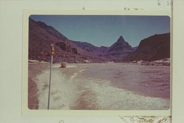 The "Dock" cruising up Grand Canyon at about Mile 223. Diamond Peak is just right of center