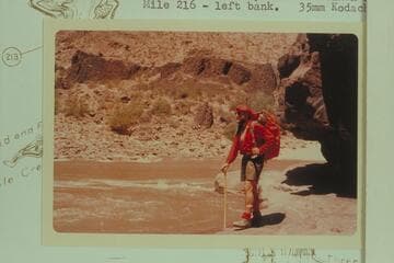 Colin Fletcher near the end of his remarkable walk down the Grand Canyon from the mouth of Supai to Diamond Creek. Taken near Mile 216 left bank