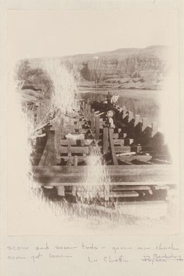 The scow under construction. The scow was used during the building of the dredge. It was pulled by lines from the lower to the upper bar to carry the freight