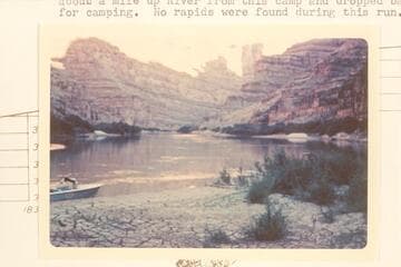 Up river from camp at Mile 184 1/4--Cataract Canyon.  Camp was at outlet of hanging valley. Mrs. Maas and Ella Schultz had cruised with Frank Wright about a mile upriver from this camp and dropped back for camping.  No rapids found during this run