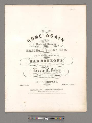 Home again / words and music by Marshall S. Pike Esq. ; sung with rapturous applause by the Harmoneons ; arranged for the piano by J. P. Ordway