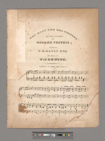 Why don't the men propose? / sung with great applause by Madame Vestris ; written by T. H. Bayly Esq. ; the music by J. Blewit