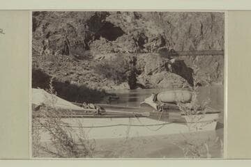 The "Esmeralda II" at the beach at Bright Angel Creek. The mules carrying the dudes are on the trail