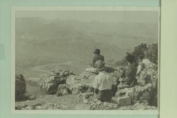 The Rim Runners watching the running of Unkar Rapid. Buzz Belknap with the glasses; Margaret Marston; Margie Mannering; Debbie Marston