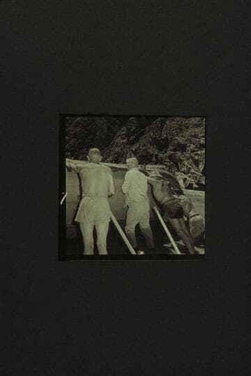 Repairing the CACTUS at the foot of Tuna Creek Rapid. Taylor, Desloge, Belknap and Cutler lifting the boat higher as it sinks into the quicksand