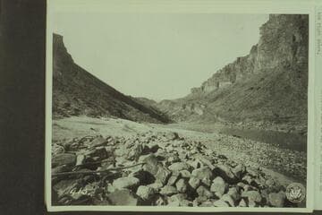Looking down river from below the mouth of Red Canyon at Hance Rapid.  The beginning of the Archean is in the distance.  All later pictures show the dump from the Hance asbestos mine on top of the Hotauta on the right shore