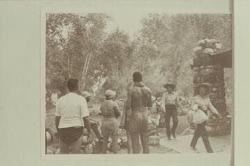 Typical trail party arriving at Phantom Ranch.  In foreground:  Francis Farquhar; Norm Nevills; Elma Milotte; Garth Marston