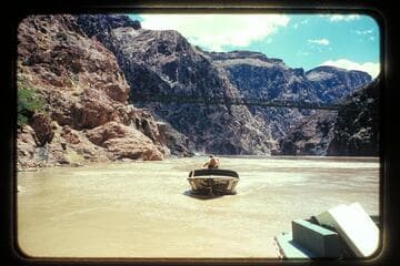 Camera boat at suspension bridge, Bright Angel Creek