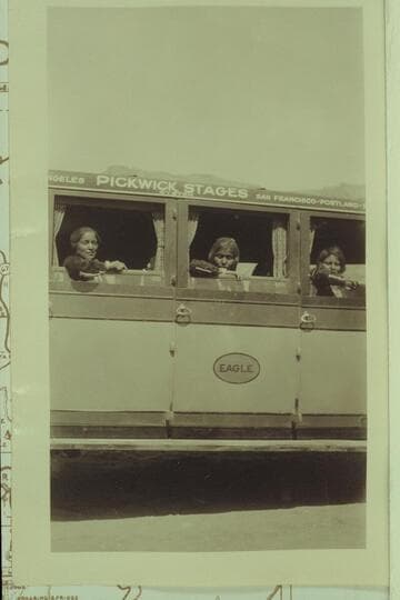 Indian women in bus at time of Navajo Bridge dedication. Print from Freeman collection