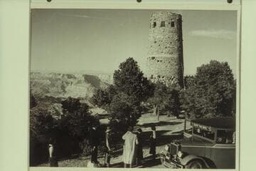 People looking at view by Desert View Drive bus, Grand Canyon