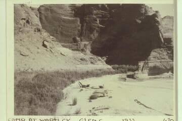 Camp at Warm Creek--Glen Canyon. RB-MV Expedition. Photo 670. Warm Creek is Mile 27.8. Horses in brush used for steamer construction
