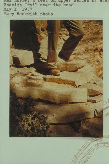 Mel Hurley's feet on upper series of steps. Spanish Trail near its head [on reverse of photo: "No. 2 Mel's feet on a close of the upper series of Spanish Steps just at the head of the trail, starting down to the Bottom"