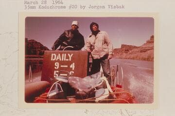 Tex McClatchy drives his jet boat while Bill Belknap does the worrying. Between Moab and Monument Canyon