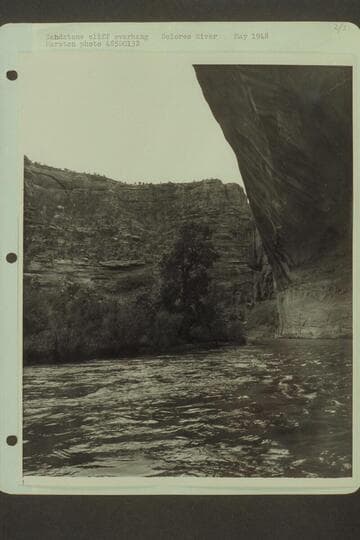 Sandstone cliff overhang, Dolores River.  [on reverse:  "Another view with high sandstone cliffs"]