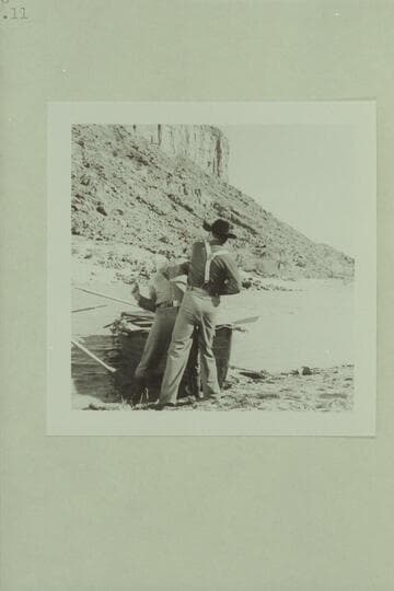 Major Powell (played by John Beal) knocks out his brother, Walter Powell (played by Jim Drury).  Disney filming of "The Colorado River Story" near Castle Creek above Moab