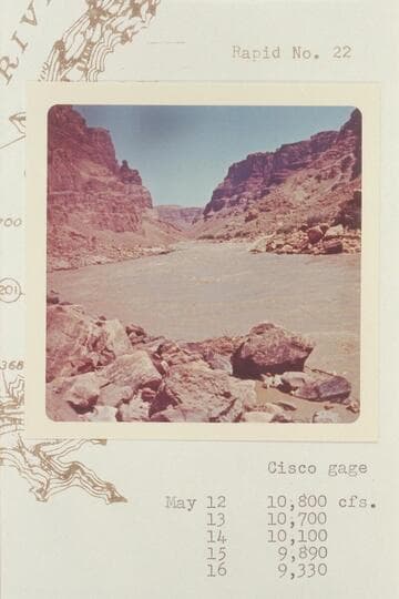 Upstream to Rapid No. 21 from head of Rapid No. 22 in The Big Drop.  The head of Rapid No. 22 is Mi8le 202.45