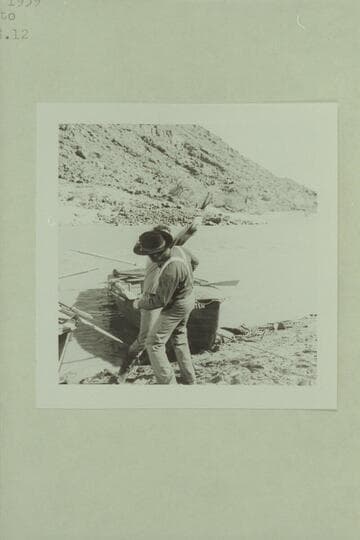 Major Powell (played by John Beal) ducks the swing from Walter Powell (played by Jim Drury).  Filming of "The Colorado River Story" by Disney near Castle Creek above Moab