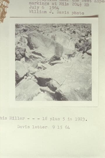 Inscriptions near the Best Expedition markings at Mile 204 1/2, right bank.  I. O. Miller inscription