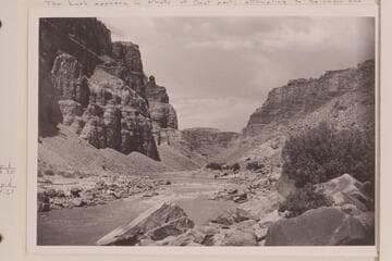 Upstream at Rapid #21 in Cataract Canyon.  Upstream view must be from left bank.  The fan at left is at the mouth of Teapot Canyon, Mile 202.75