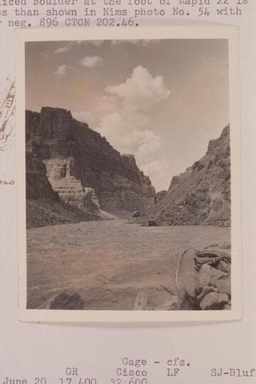 Up river from the fan at head of Rapid #23--Mile 202.20.  Photo from the Nevills cruise of 1938 sent 1966, May 27 by Barry Goldwater