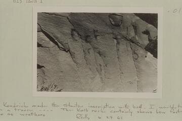 The Kolb inscription on boulder at The Junction.  "If Kendrick made the Stanton inscription with Kolb,I wouldn't expect to see a trace--The Kolb rock certainly shows how fast that Rico ss[sandstone] weathers."  Reilly, 1961, June 27