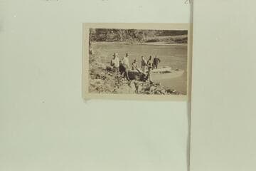 The Swain-Hatch crew at Little Hole.  Frazier's writing on the reverse:  The Party at Little Hole  Green River.  The cruise started from Dutch John Draw on or about 1932, Sep. 04 and arrived at Jensen 1932, Sep. 11