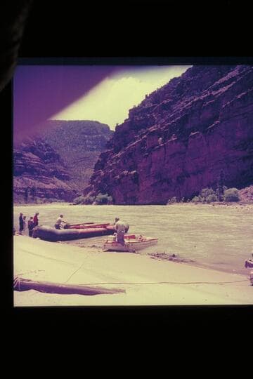 Lug Larsen on the "Galloway" and the members of the Appalachian Club loading into the Hatch pontoon below Disaster Falls