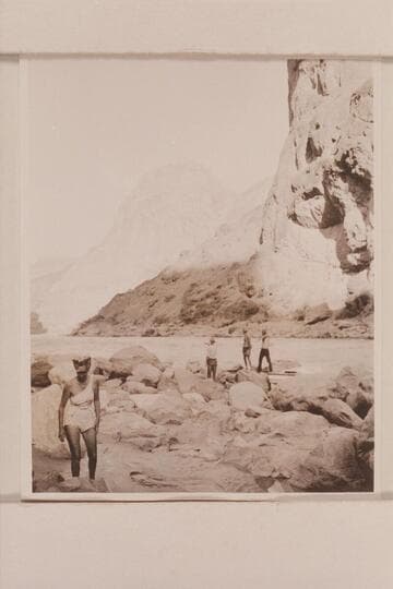 Lining Lava Falls.  Nevills party of 1947.  Margaret Marston in foreground.  John Riffey; Norm Nevills; Kent Frost