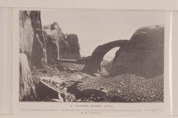 Rainbow Bridge, Utah; showing process of formation. On the left is the abandoned meander of ancient Bridge Creek