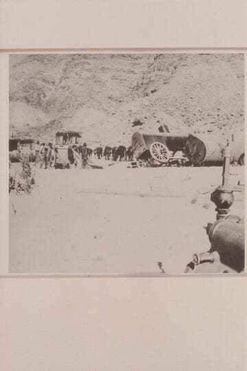 Unloading boilers at Lees Ferry; Spencer placer operation.  The large steam pumps are at the right