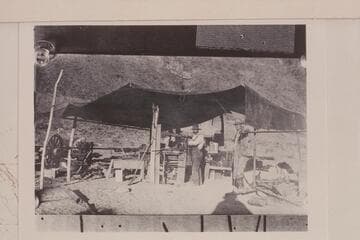 Machine shop on north side at Lees Ferry where dredge was assembled; Richardson and Lovett