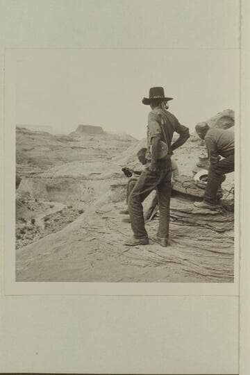 Looking down into southwest fork of 73.6 from point about 300 ft. above it on the trail from the middle fork.  60 Mile Point is upper left.  Chris Turner; Tobe Owel; Bill Belknap