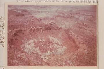 Upheaval Dome. Fort Bottom is upper right; Potato or Tater Bottom Basin is the white area at upper left and the butte of elevation 5338 is to the left of it