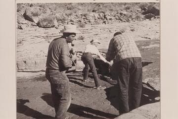 Nancy Daly poses for pictures in the creek near White-hat Bridge. Bill Belknap and Jorgen Visbak