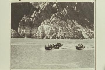 The three motorboats in Iceberg Canyon. The "Boo" is leading. The "Cactus" is at her stern, and the "Rattlesnake" is right