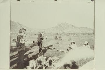 Camp above Henry's Fork, Green River. Pictured are: Rosalind Johnson, Joan Nevills, Frost, Loel Marston and Shirley Marston