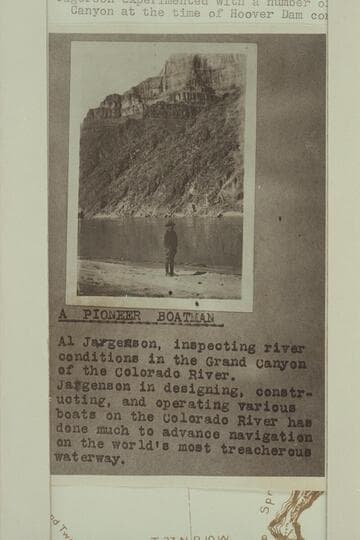 Albert S. Jagerson at the mouth of Diamond Creek. Jagerson experimented with a number of motorboats in Black Canyon at the time of Hoover Dam construction