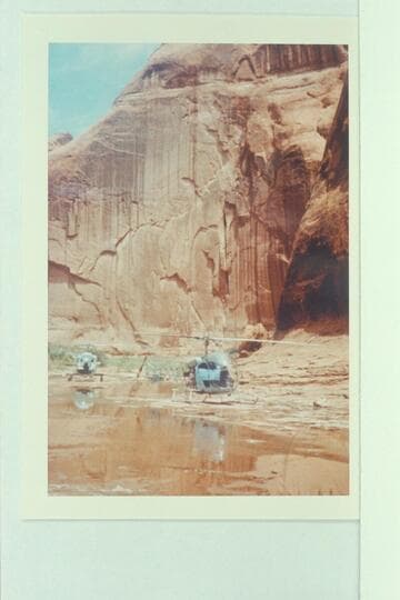 Bill Hall's Bell helicopters at The Narrows during the Udall party trip at end of April, 1961
