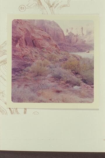 Up river from the road grade cut by the crew with Galloway to Hole in the Rock which is upper right center. From location of the eagle inscription